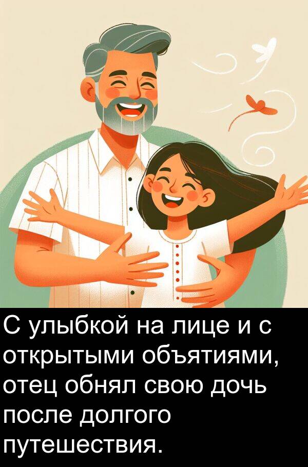 путешествия: С улыбкой на лице и с открытыми объятиями, отец обнял свою дочь после долгого путешествия.
