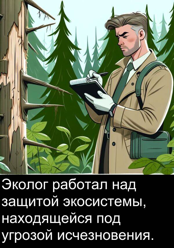 работал: Эколог работал над защитой экосистемы, находящейся под угрозой исчезновения.