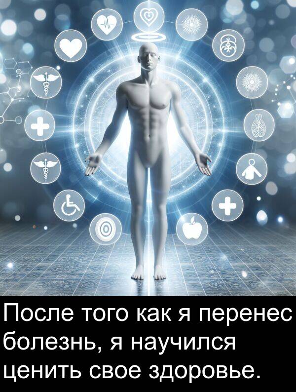 свое: После того как я перенес болезнь, я научился ценить свое здоровье.