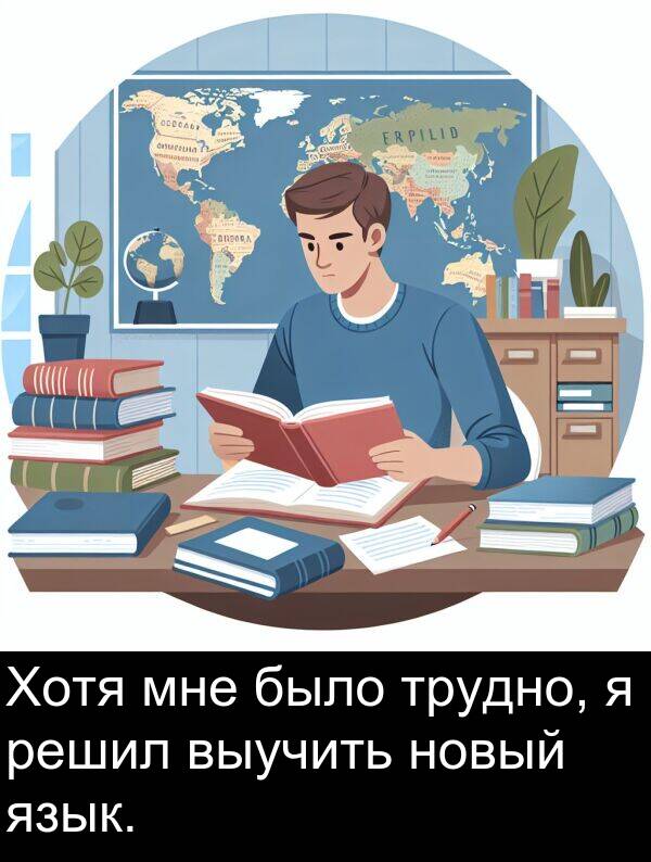 выучить: Хотя мне было трудно, я решил выучить новый язык.