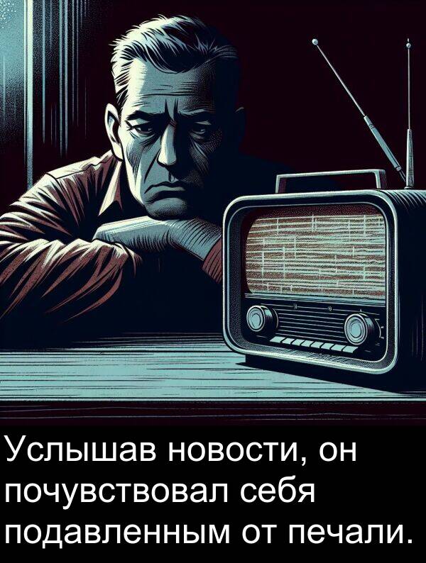почувствовал: Услышав новости, он почувствовал себя подавленным от печали.