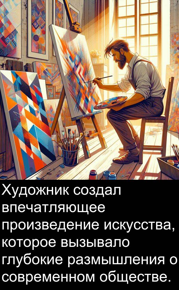 произведение: Художник создал впечатляющее произведение искусства, которое вызывало глубокие размышления о современном обществе.
