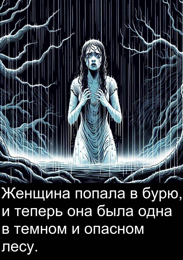 теперь: Женщина попала в бурю, и теперь она была одна в темном и опасном лесу.
