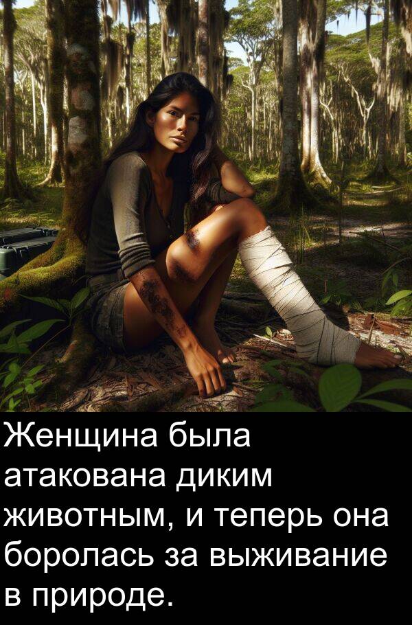 природе: Женщина была атакована диким животным, и теперь она боролась за выживание в природе.