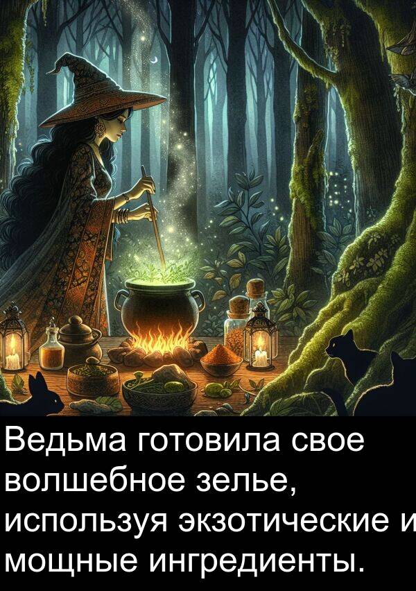 свое: Ведьма готовила свое волшебное зелье, используя экзотические и мощные ингредиенты.