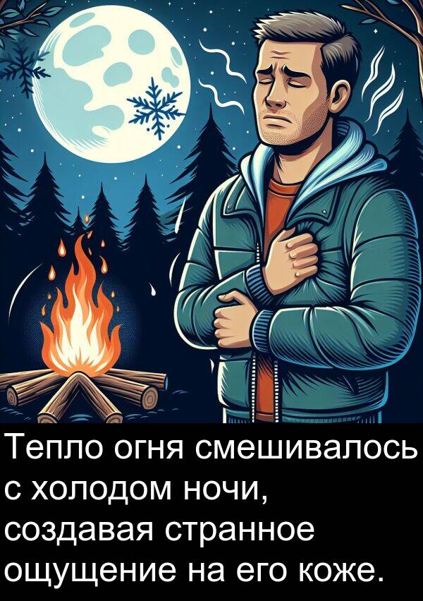 коже: Тепло огня смешивалось с холодом ночи, создавая странное ощущение на его коже.