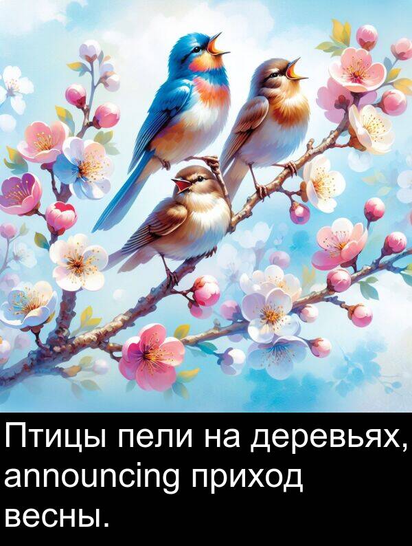 приход: Птицы пели на деревьях, announcing приход весны.