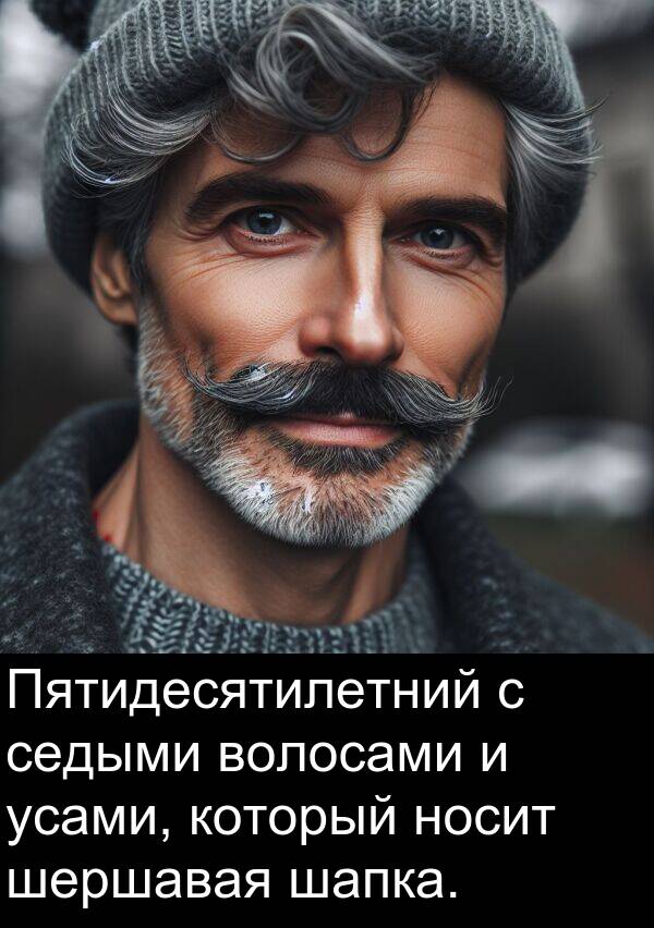 усами: Пятидесятилетний с седыми волосами и усами, который носит шершавая шапка.