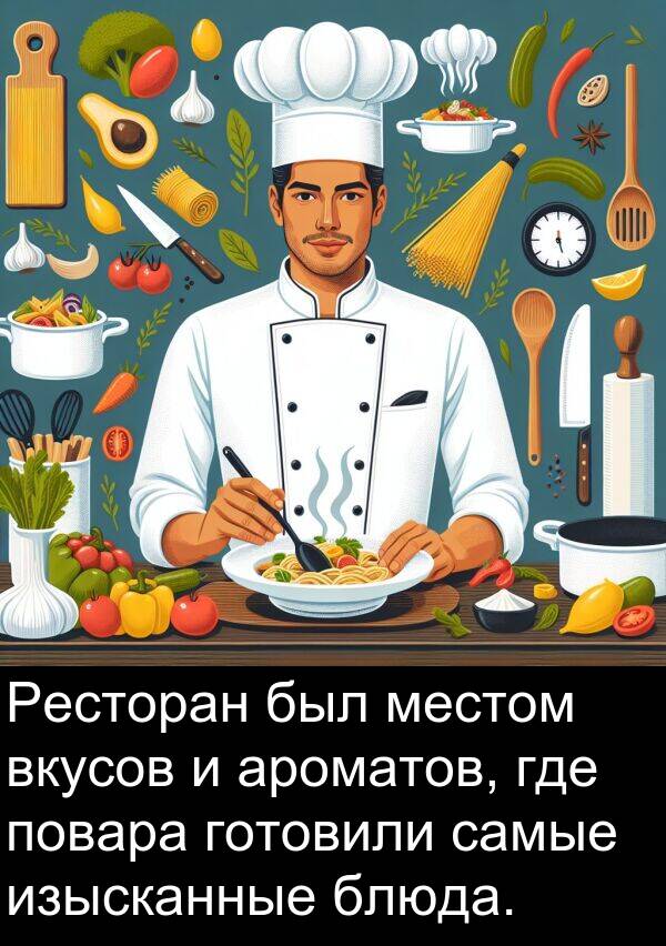 где: Ресторан был местом вкусов и ароматов, где повара готовили самые изысканные блюда.
