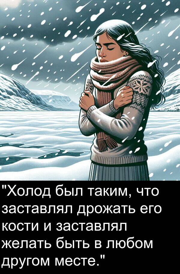 кости: "Холод был таким, что заставлял дрожать его кости и заставлял желать быть в любом другом месте."