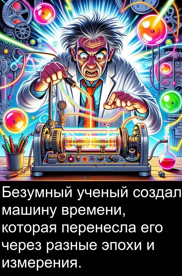 времени: Безумный ученый создал машину времени, которая перенесла его через разные эпохи и измерения.