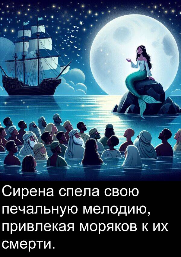 привлекая: Сирена спела свою печальную мелодию, привлекая моряков к их смерти.
