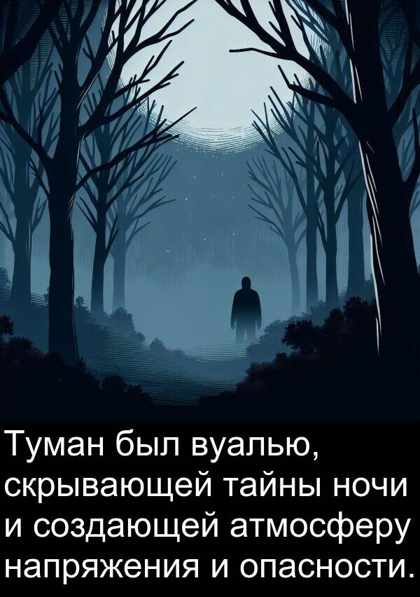вуалью: Туман был вуалью, скрывающей тайны ночи и создающей атмосферу напряжения и опасности.