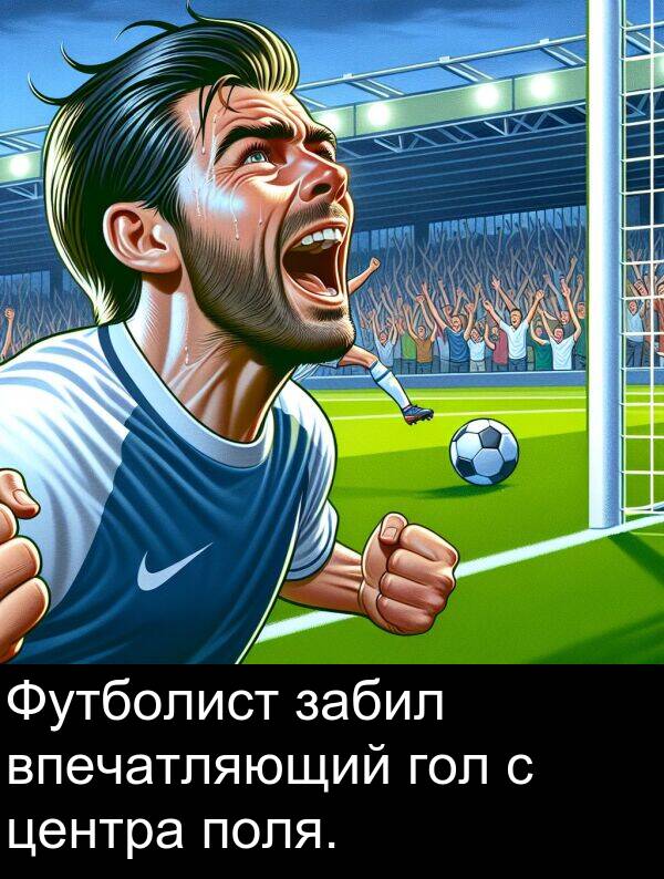 поля: Футболист забил впечатляющий гол с центра поля.