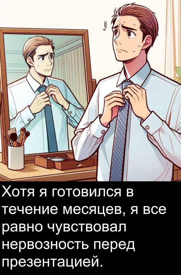 равно: Хотя я готовился в течение месяцев, я все равно чувствовал нервозность перед презентацией.