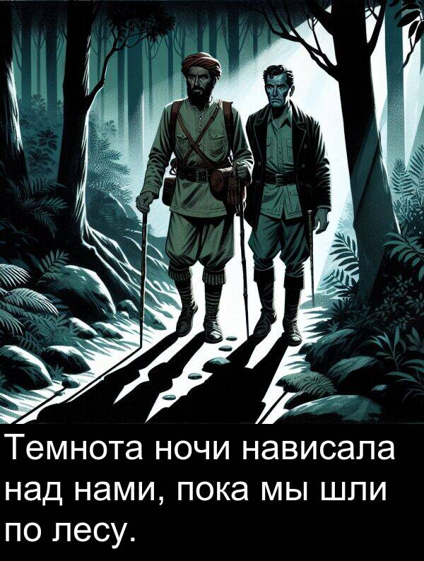 над: Темнота ночи нависала над нами, пока мы шли по лесу.
