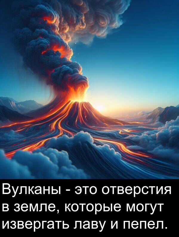 которые: Вулканы - это отверстия в земле, которые могут извергать лаву и пепел.