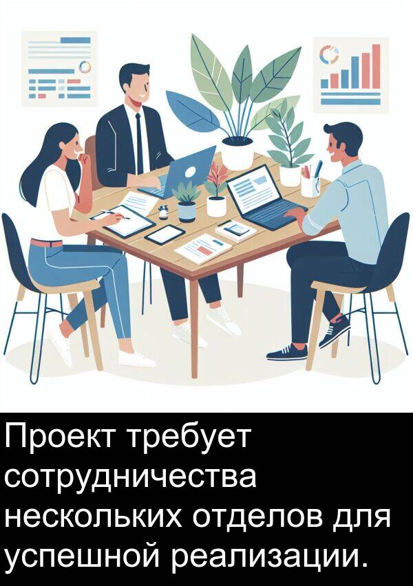 успешной: Проект требует сотрудничества нескольких отделов для успешной реализации.