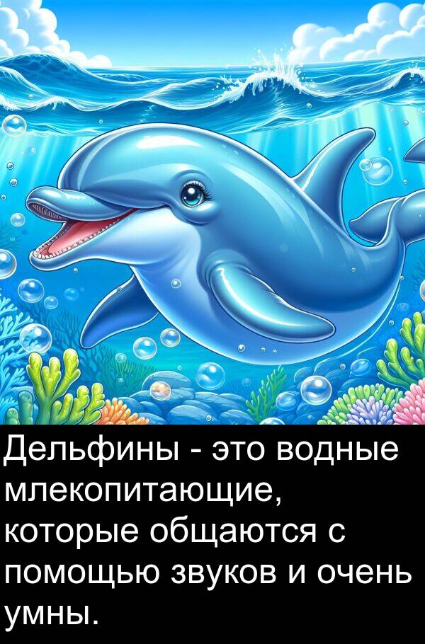 умны: Дельфины - это водные млекопитающие, которые общаются с помощью звуков и очень умны.
