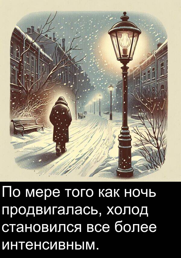 продвигалась: По мере того как ночь продвигалась, холод становился все более интенсивным.