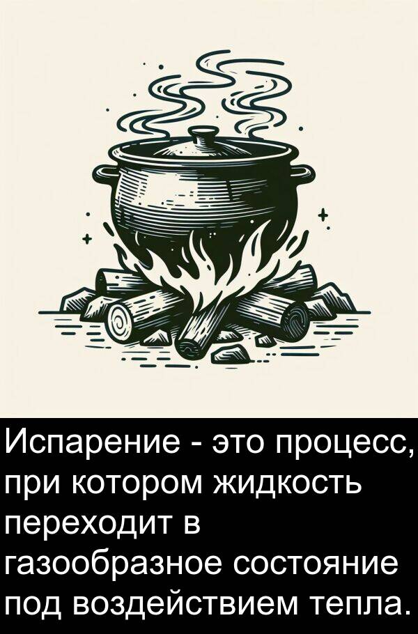 процесс: Испарение - это процесс, при котором жидкость переходит в газообразное состояние под воздействием тепла.