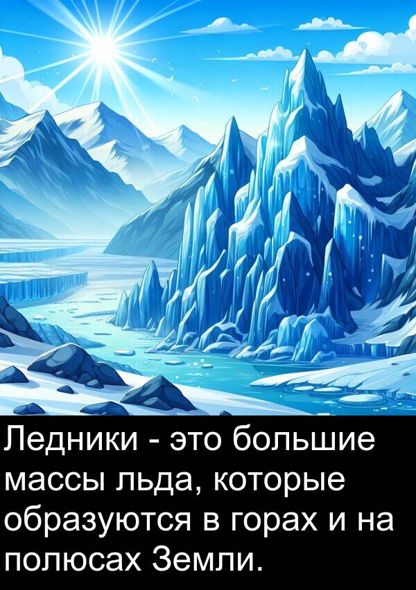 полюсах: Ледники - это большие массы льда, которые образуются в горах и на полюсах Земли.