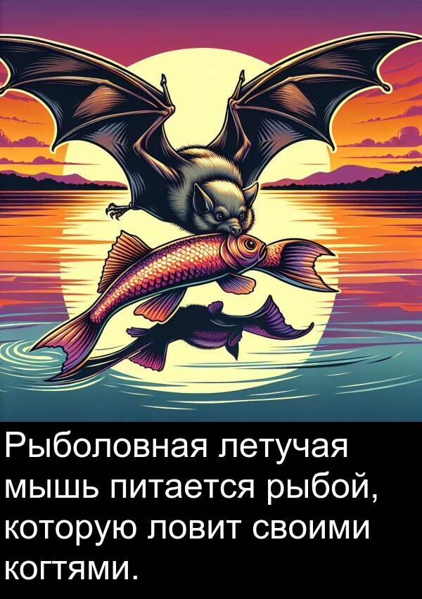 когтями: Рыболовная летучая мышь питается рыбой, которую ловит своими когтями.