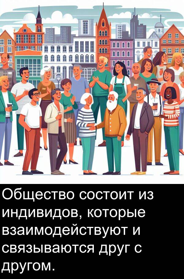 состоит: Общество состоит из индивидов, которые взаимодействуют и связываются друг с другом.