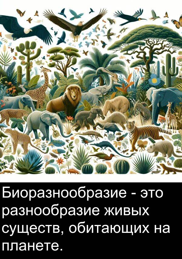 существ: Биоразнообразие - это разнообразие живых существ, обитающих на планете.