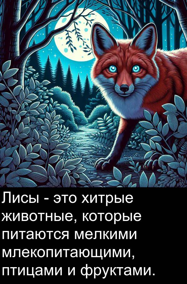животные: Лисы - это хитрые животные, которые питаются мелкими млекопитающими, птицами и фруктами.