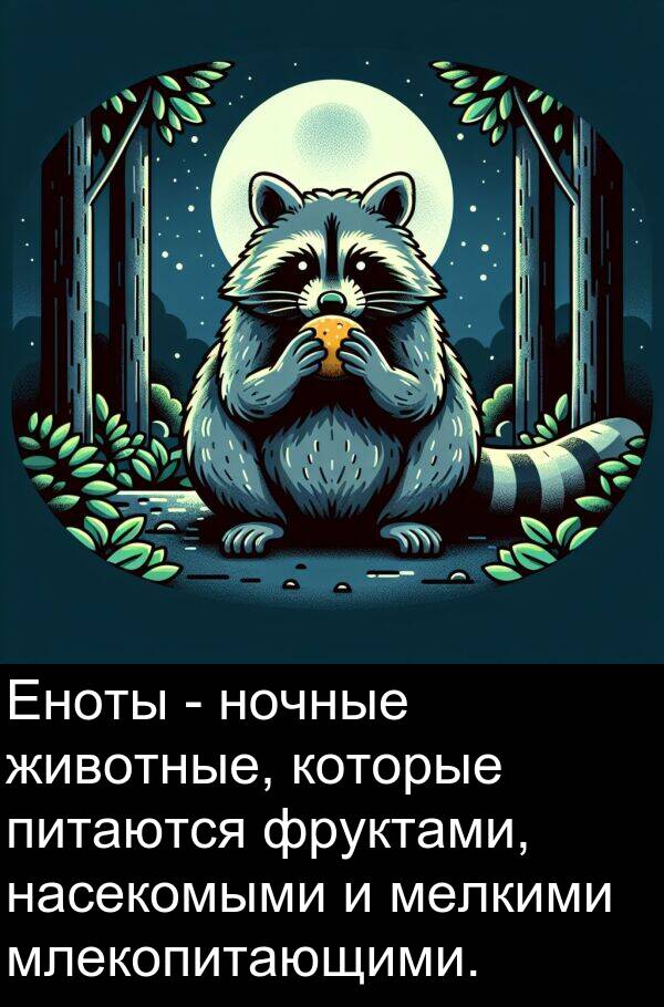 животные: Еноты - ночные животные, которые питаются фруктами, насекомыми и мелкими млекопитающими.