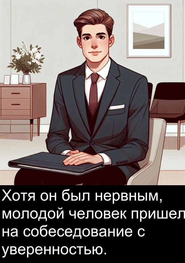 пришел: Хотя он был нервным, молодой человек пришел на собеседование с уверенностью.