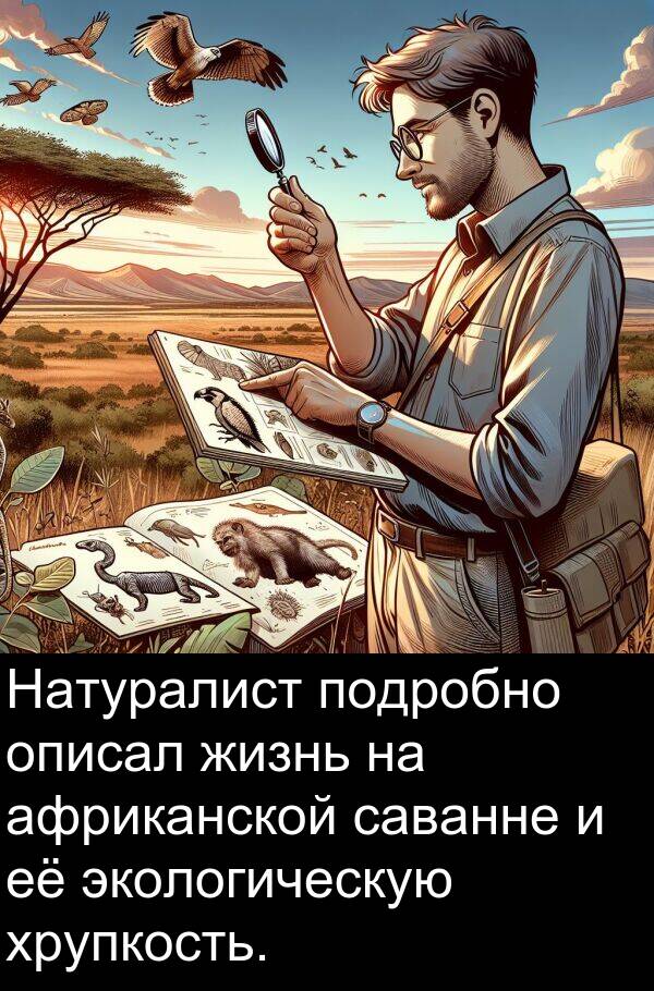 экологическую: Натуралист подробно описал жизнь на африканской саванне и её экологическую хрупкость.