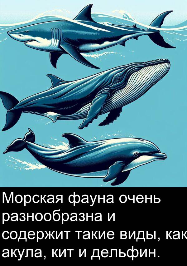 кит: Морская фауна очень разнообразна и содержит такие виды, как акула, кит и дельфин.