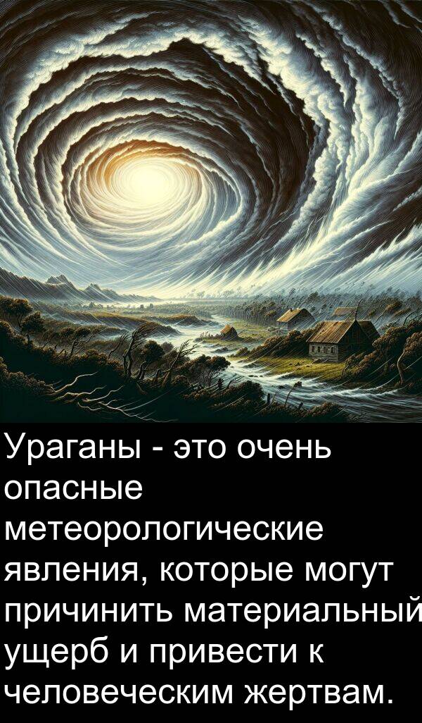 причинить: Ураганы - это очень опасные метеорологические явления, которые могут причинить материальный ущерб и привести к человеческим жертвам.