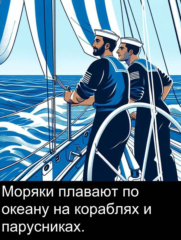 кораблях: Моряки плавают по океану на кораблях и парусниках.