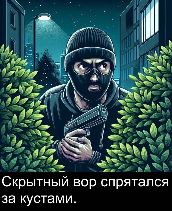 вор: Скрытный вор спрятался за кустами.