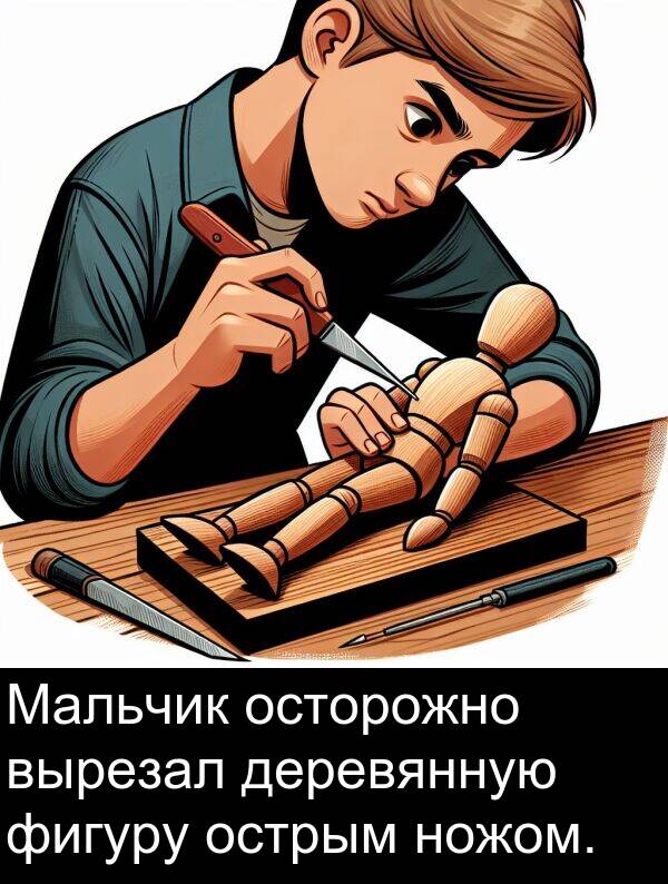 вырезал: Мальчик осторожно вырезал деревянную фигуру острым ножом.