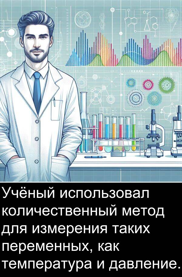 количественный: Учёный использовал количественный метод для измерения таких переменных, как температура и давление.