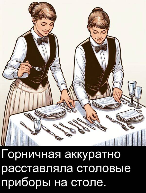 приборы: Горничная аккуратно расставляла столовые приборы на столе.