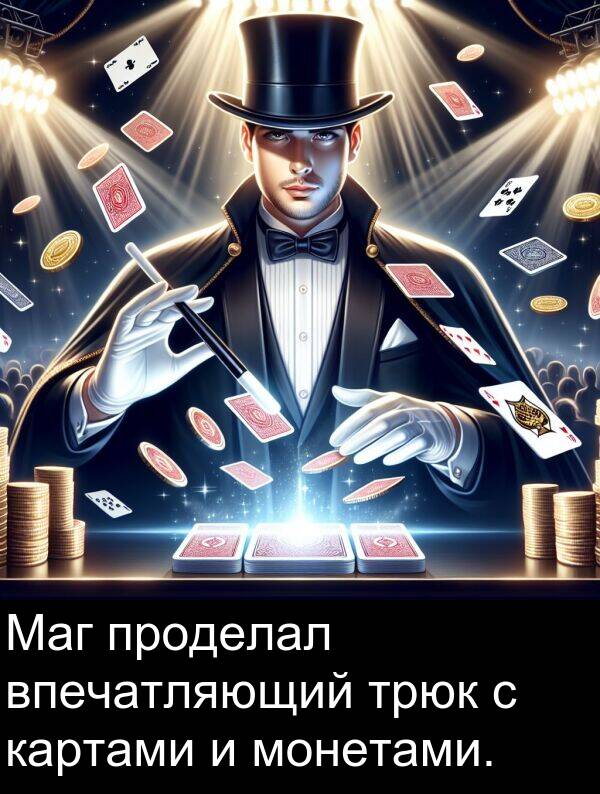 проделал: Маг проделал впечатляющий трюк с картами и монетами.