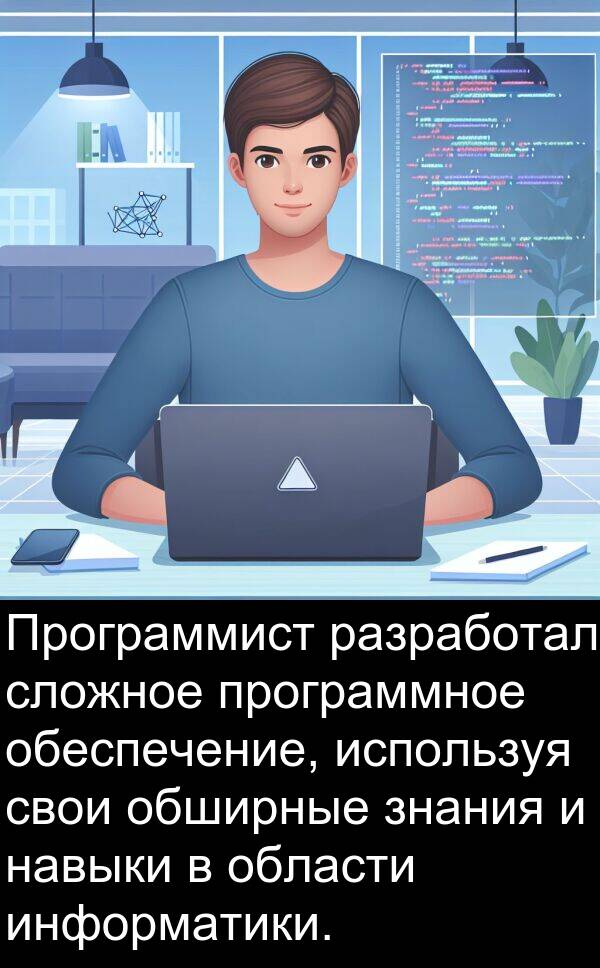 области: Программист разработал сложное программное обеспечение, используя свои обширные знания и навыки в области информатики.