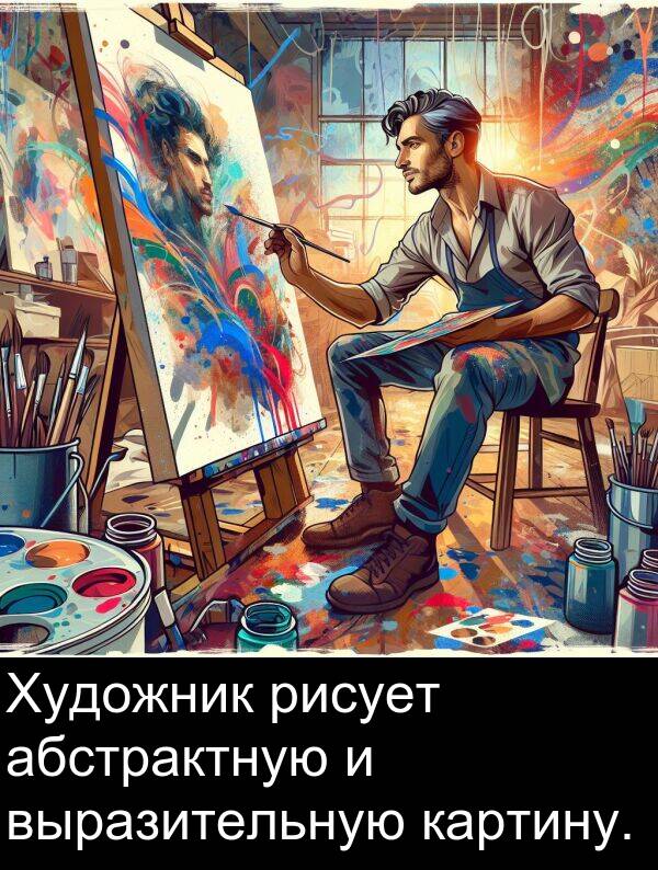 выразительную: Художник рисует абстрактную и выразительную картину.