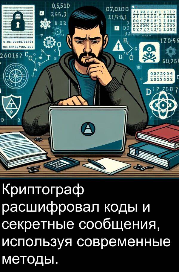 коды: Криптограф расшифровал коды и секретные сообщения, используя современные методы.