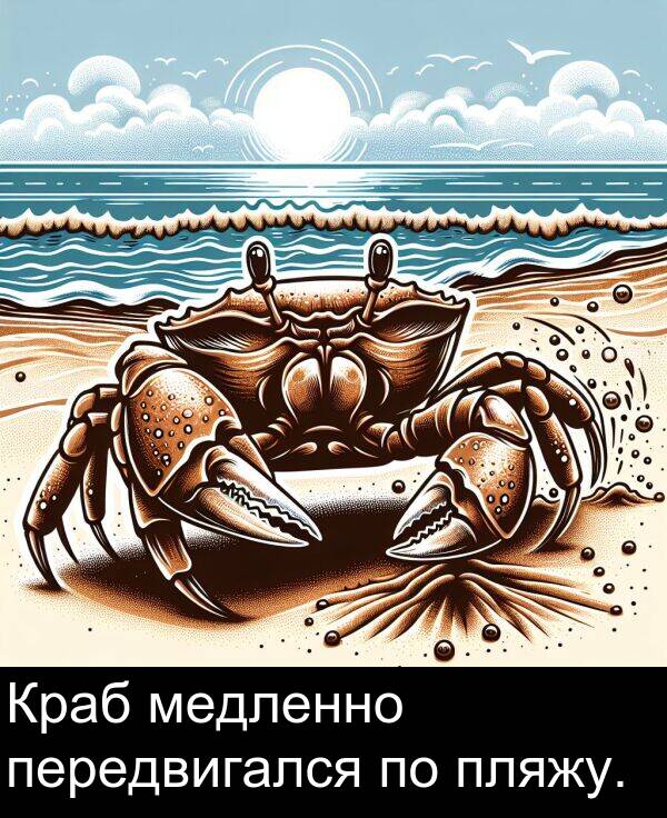 медленно: Краб медленно передвигался по пляжу.