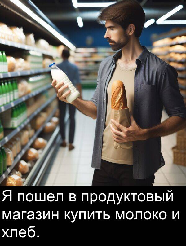 пошел: Я пошел в продуктовый магазин купить молоко и хлеб.