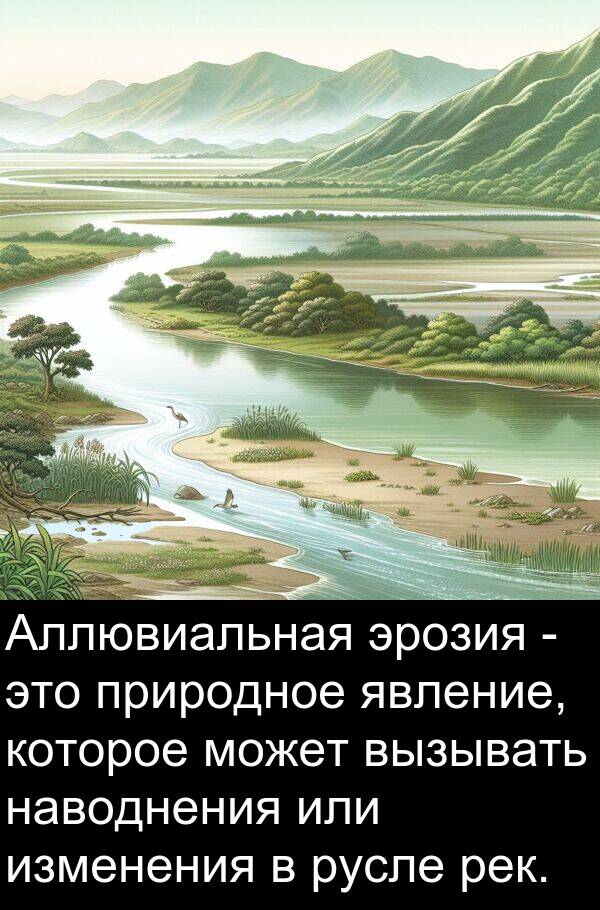 природное: Аллювиальная эрозия - это природное явление, которое может вызывать наводнения или изменения в русле рек.