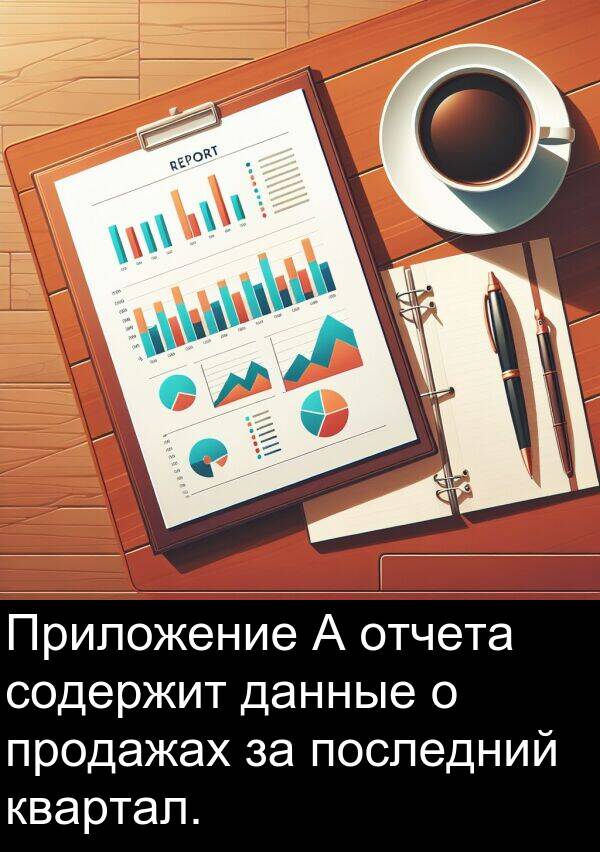 данные: Приложение A отчета содержит данные о продажах за последний квартал.