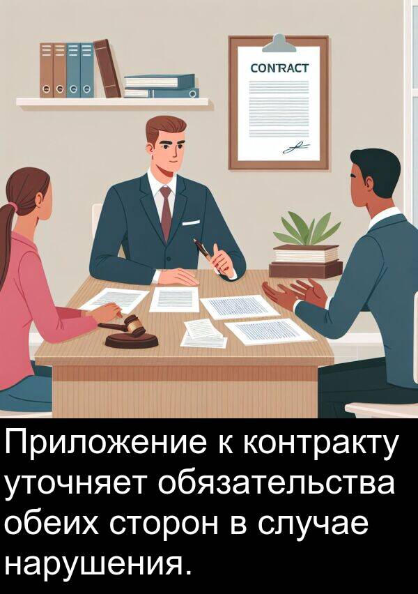 уточняет: Приложение к контракту уточняет обязательства обеих сторон в случае нарушения.