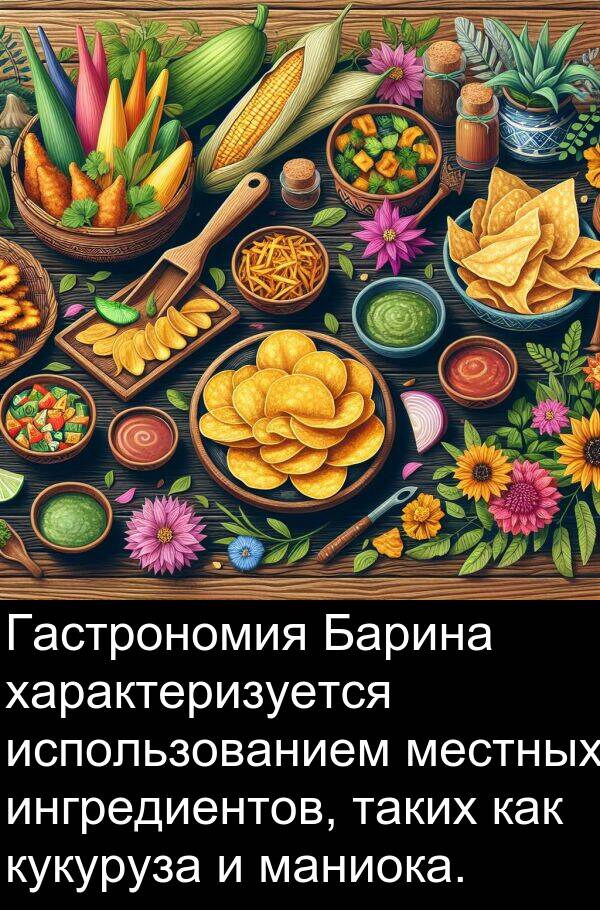 кукуруза: Гастрономия Барина характеризуется использованием местных ингредиентов, таких как кукуруза и маниока.